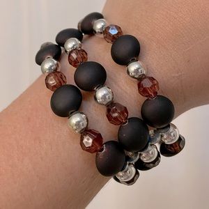 Brown and silver beaded stretch bracelet